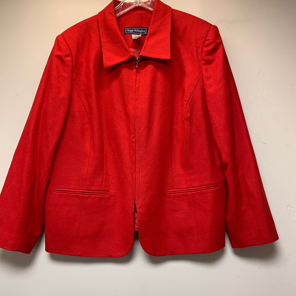 Maggie McNaughton Skirt Suit Set Women 16W Red Excellent Virgin Wool Zip Blazer